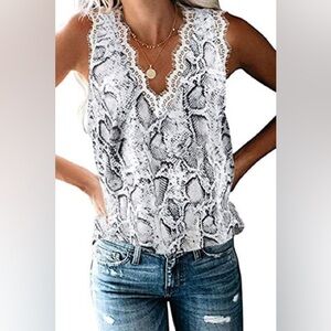 White Lace Snakeskin Printed V Neck Tank Top Blouse XL
